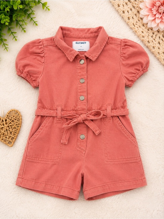Old Navy Other - Old Navy Coral-Pink Puff Sleeve Tie-Waist Romper